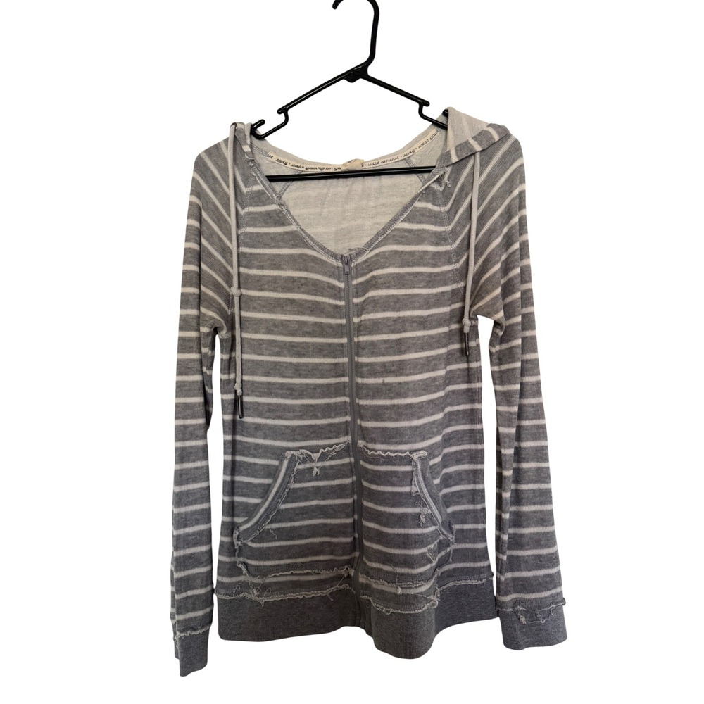 Roxy Womens Grey White Striped Full Zip Hooded Sweatshirt Distressed Hem Medium